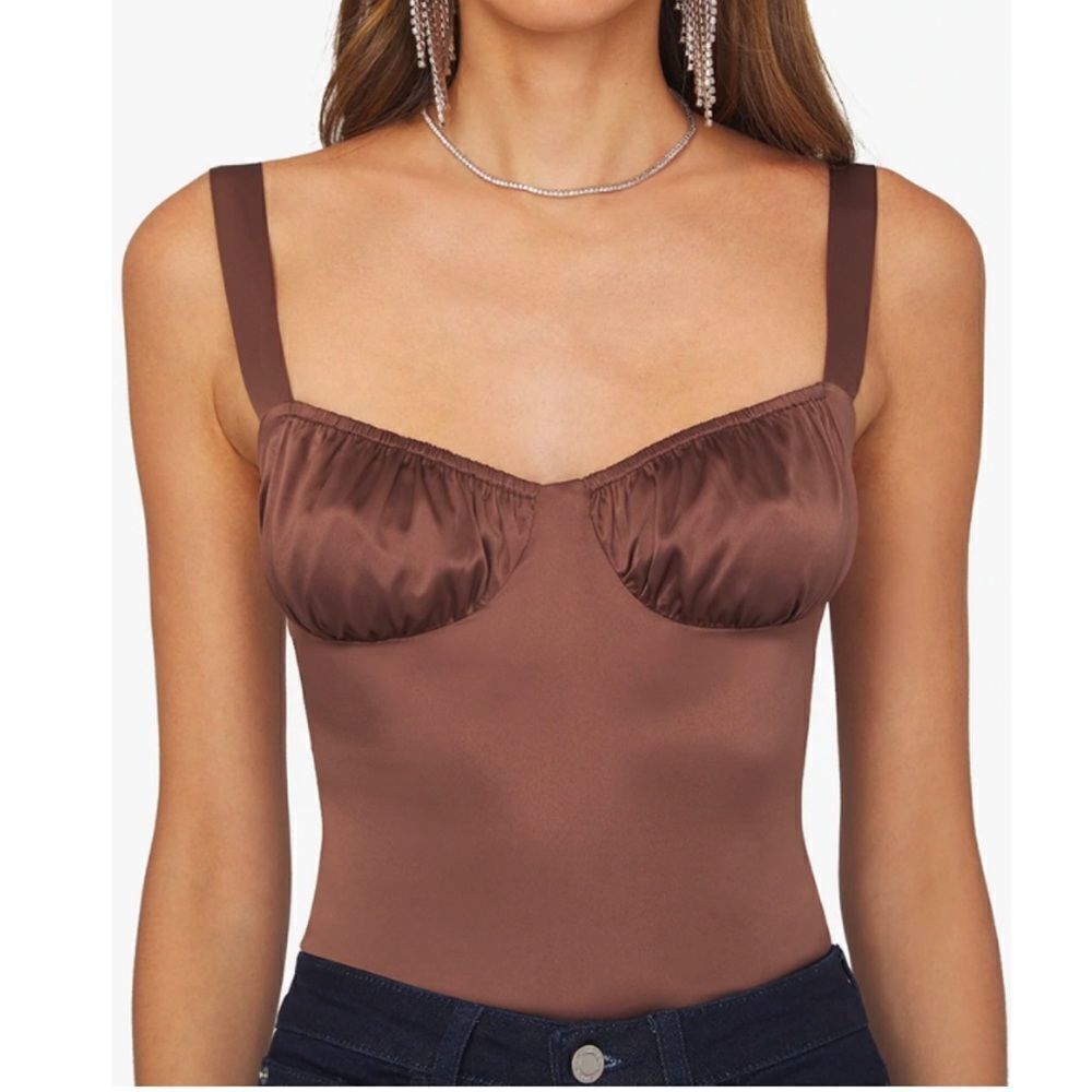 We Wore What Ruched Cup Shiny Stretch Satin Charmeuse Bodysuit Brown US 8